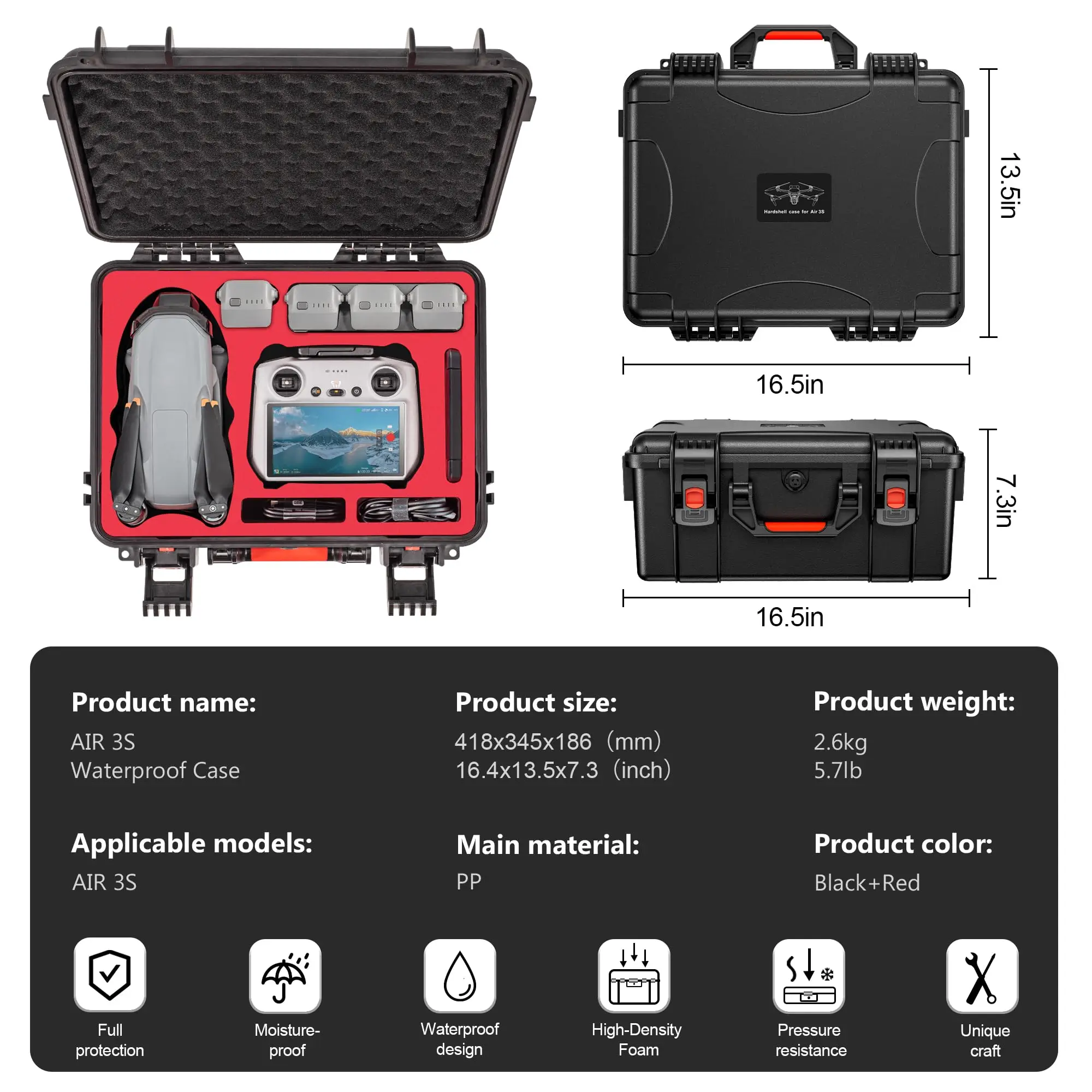 

Кейс для переноски Air 3S, жесткий чехол для DJI Fly More Combo, совместимый с аксессуарами RC 2/RC/RC-N3/N2, контроллером и зарядным хабом.