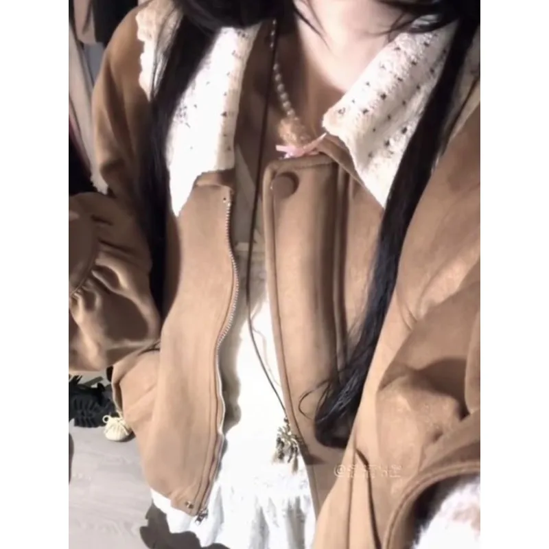 Japanese Classic Caramel Color Long Sleeved Zipper Jacket Beige Slim Fit Inner Top Casual Mini Skirt Retro Harajuku 3 Piece Set