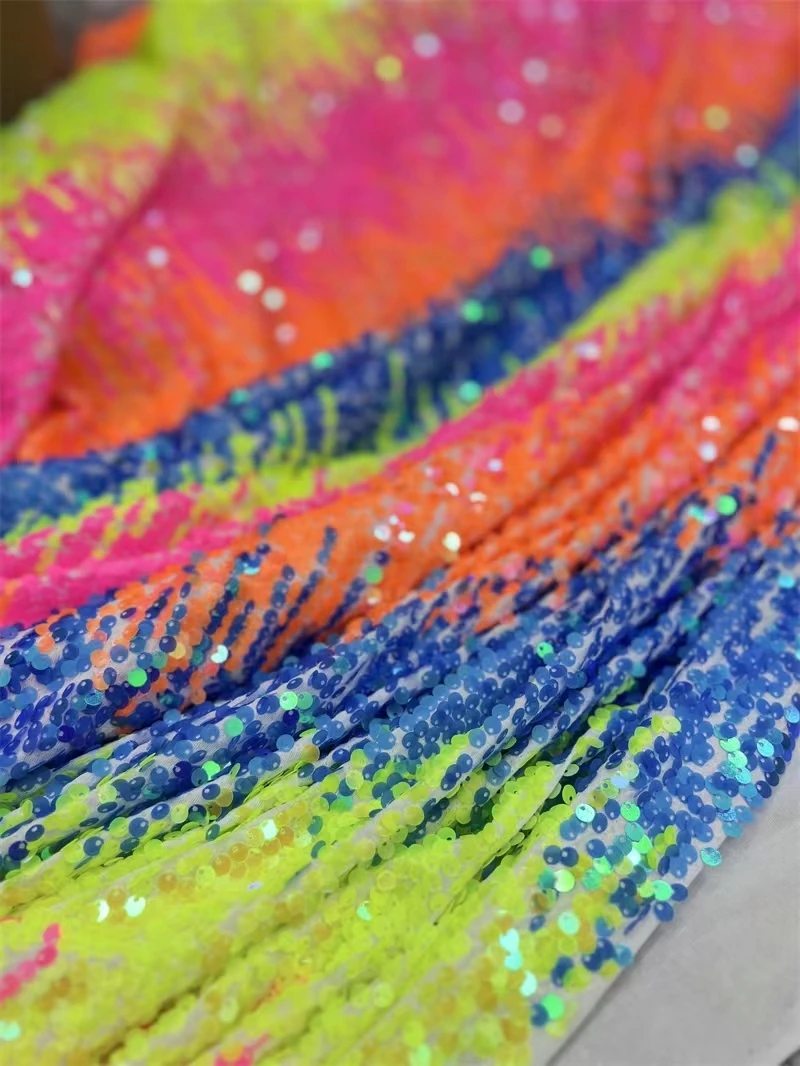 Gradient Rainbow Knitted Beaded Fabric Coat Skirt Garment Hanging Sequin Lace Fabric