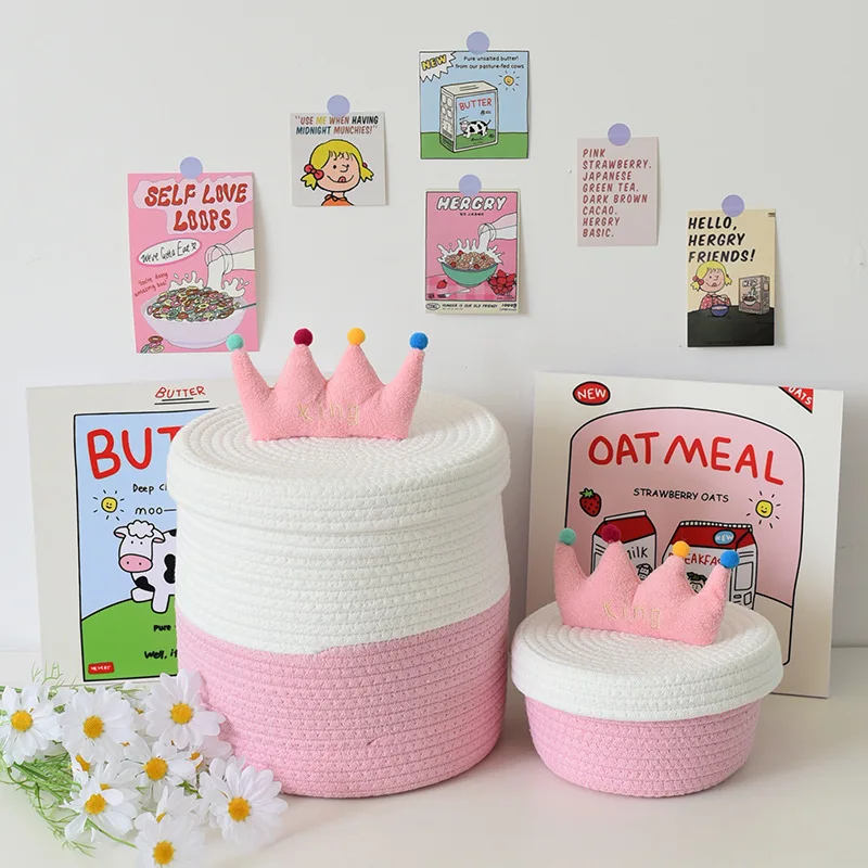 Cartoon Woven Storage Basket Snack Toy Storage Box Cotton Rope Home Living Room Sorting Storage Bucket Debris Storage Box