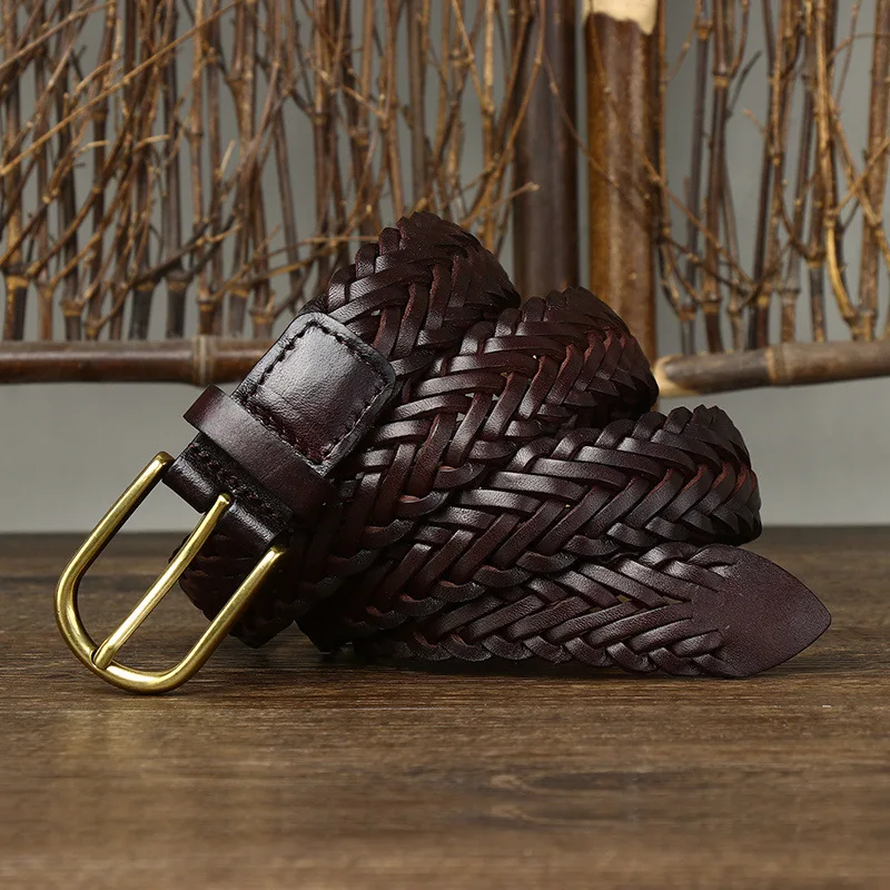 3cm wide genuine leather woven belt, hand-woven cowhide buckle casual all-match belt, same style for men and women