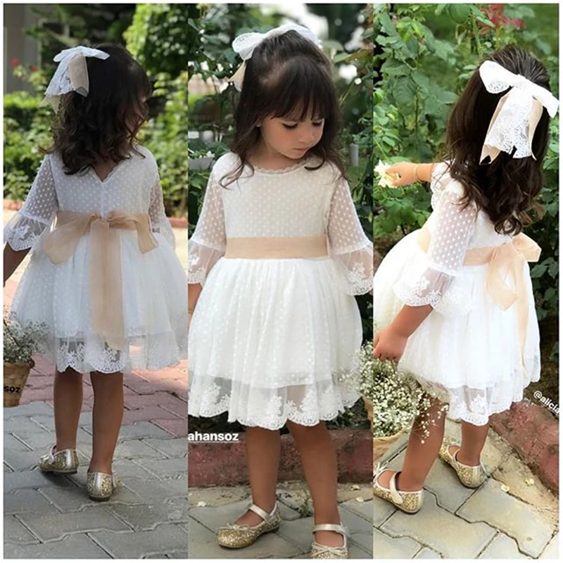 1-6Y Kids Girls Summer Dress Outfits White Polka Dot Sheer O-Neck Mandarin Sleeves Princess Dresses for Little Girls