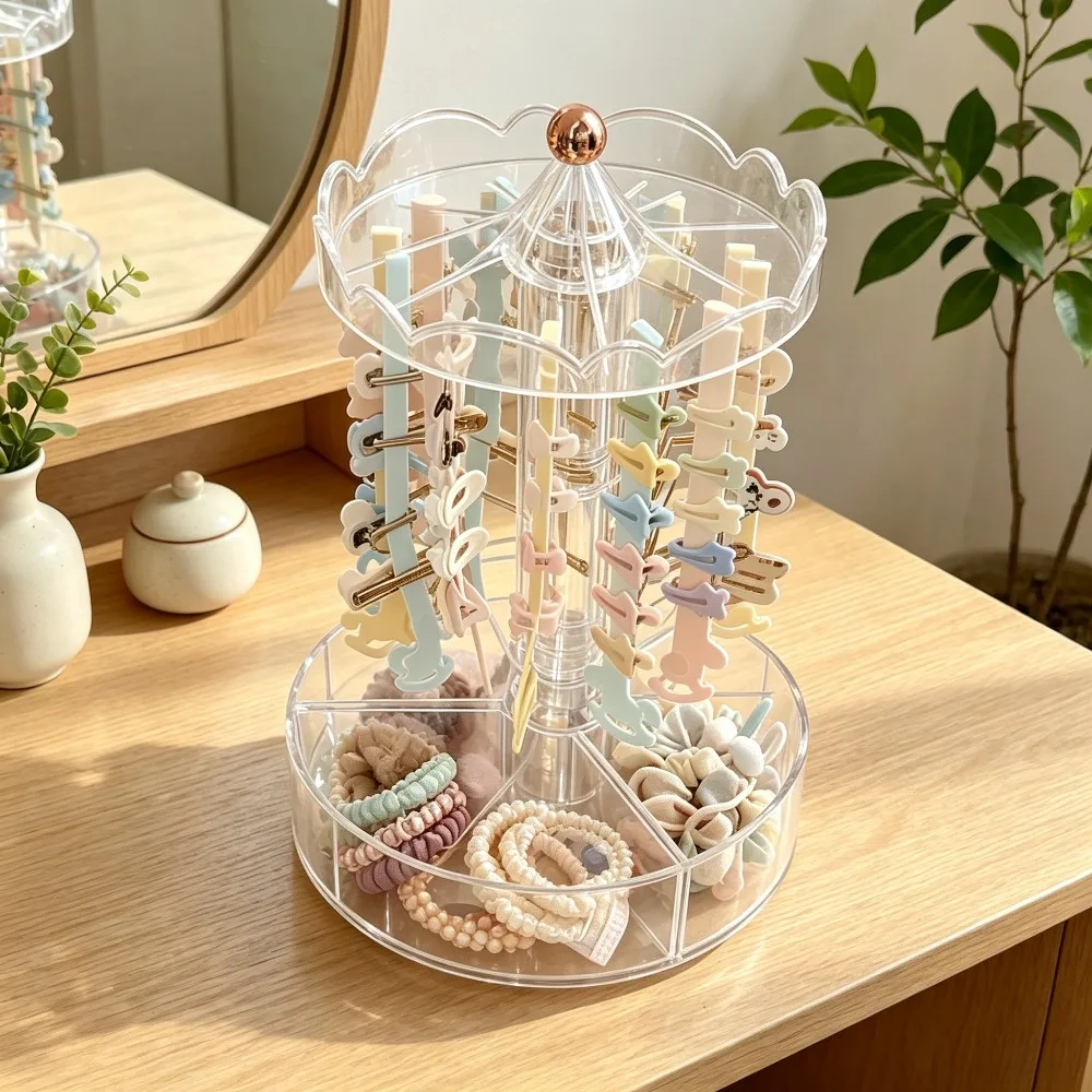 360 Rotating Clear Acrylic Hair Accessory Storage Rack Transparent Multi Slot Hair Clip Band Jewelry Organizer Tray Girl Bedroom