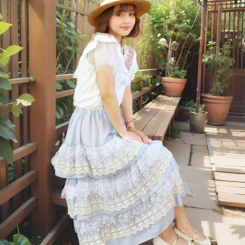 Harajuku หวานญี่ปุ่น Fairy Multi-Layer ลูกไม้กระโปรงเสื้อผ้าผู้หญิงสีฟ้า Patchwork เค้กกระโปรงหญิงครึ่ง Kawaii กระโปรง A072