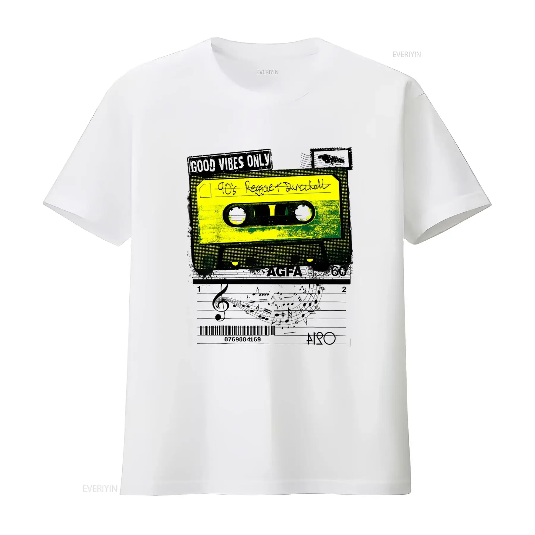 1990s Reggae Dancehall Music Vintage Summer Style Adult Small T Shirt with Cassette Tape Notes Print vintage Washed Stylish