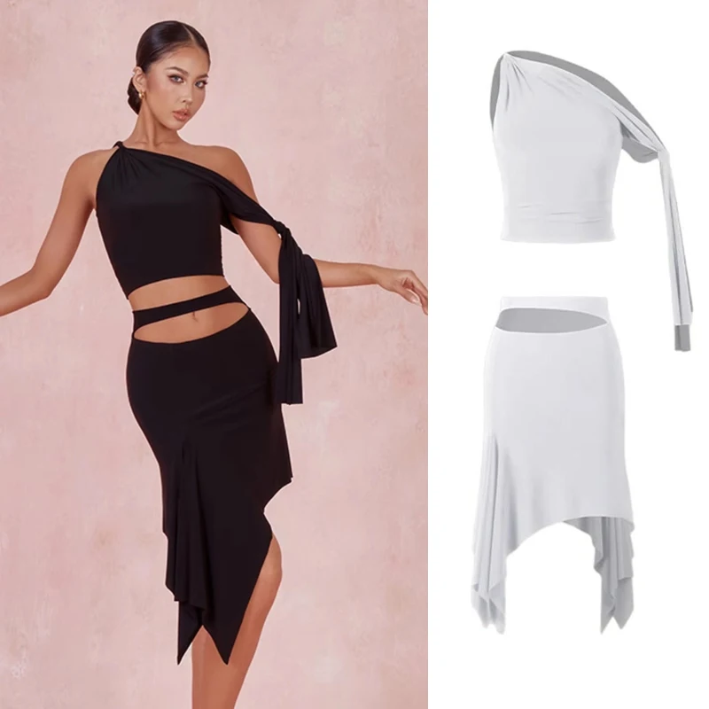 New Women'S Chacha Rumba Practice Clothes Diagonal Shoulder Top Irregular Skirts Adults Tango Latin Dance Costumes SL10180