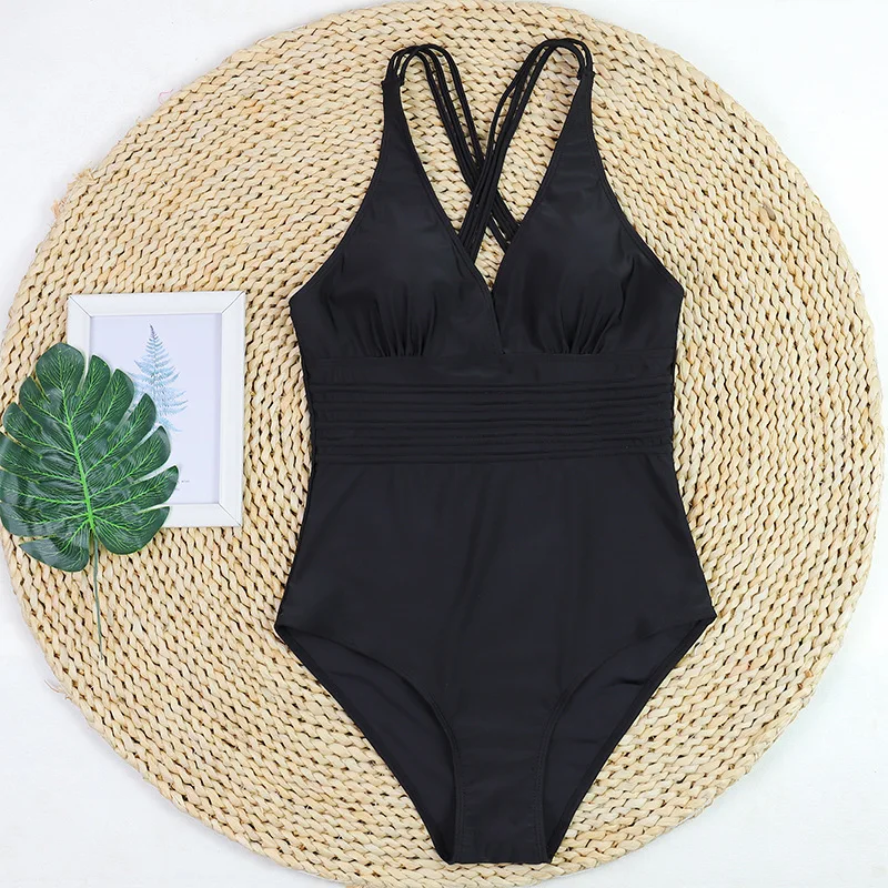 黒のワンピース水着 2025 ディープVネック レトロ水着 レディース水着 水着 ビーチウェア モノキニ 女性用水着