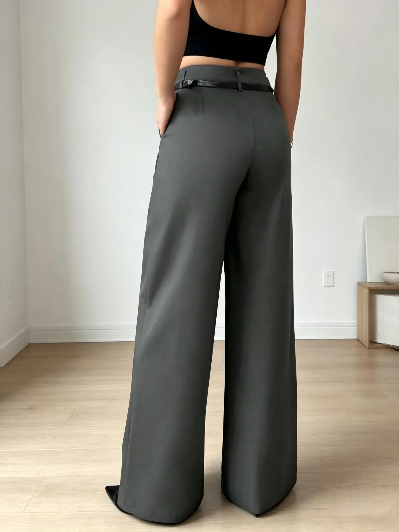 High Waist Pleated Wide Leg Pants Women Fashion Belt Decor Loose Formal Office Suit Trousers