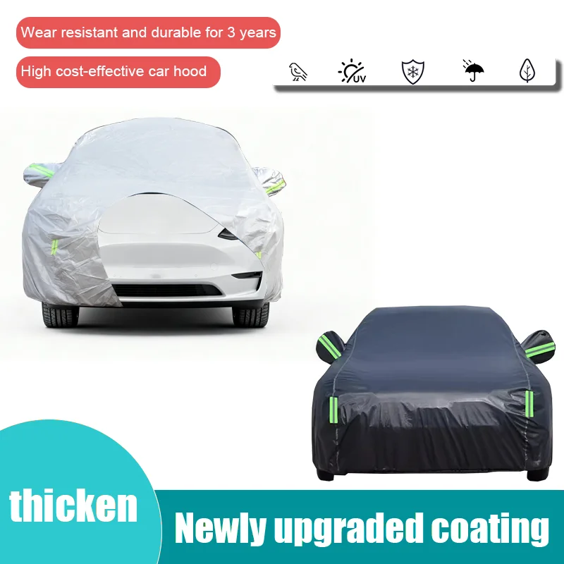 For Tesla Model Y 210D thickened car cover, waterproof, all-weather, outdoor, UV-resistant, fully enclosed, with reflective stri