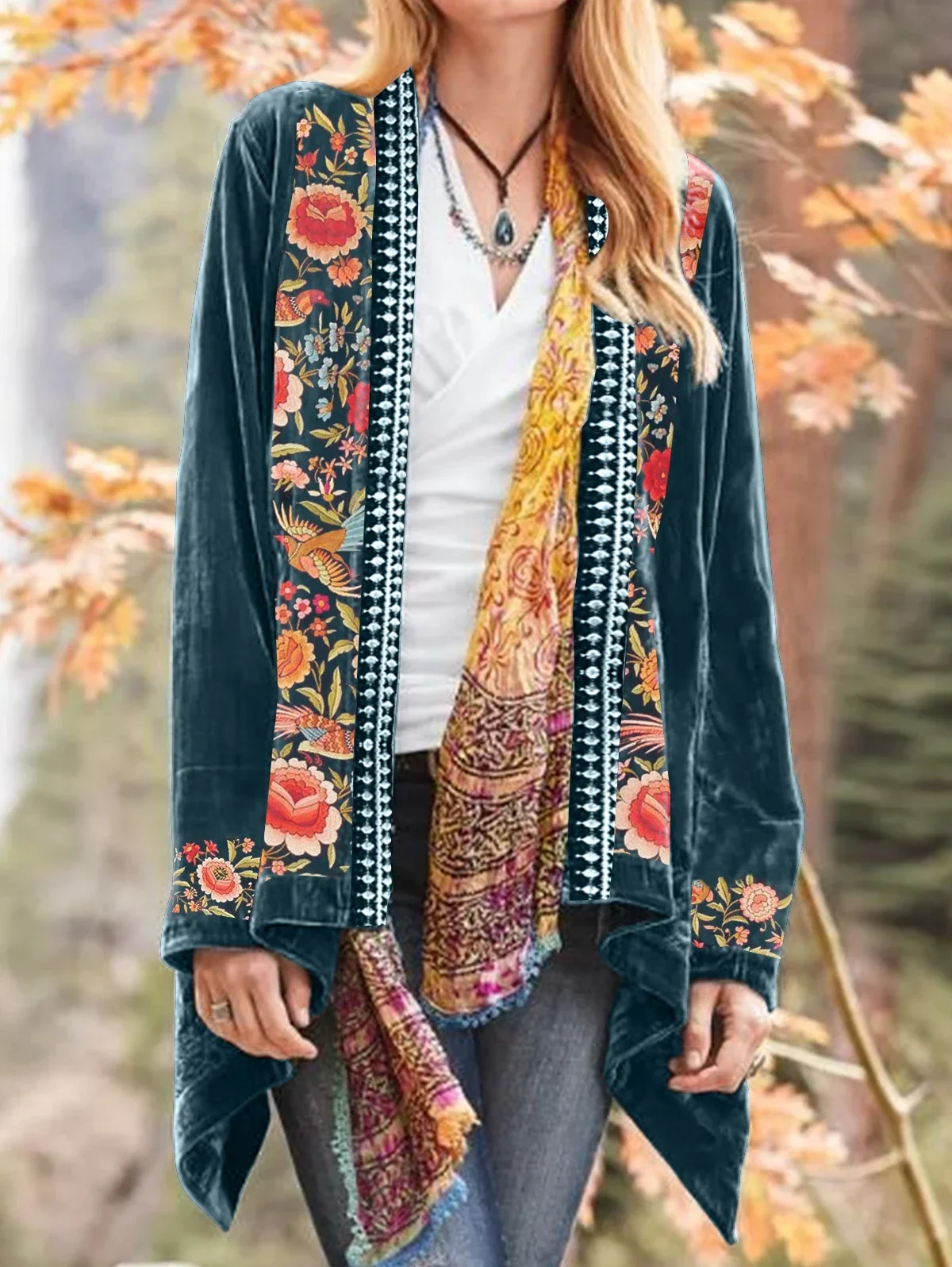 Autumn Women Plus Size Cardigan Boho Floral Pattern Open Front Coat Casual Vintage Embroidery Cardigans Long Sleeve Outerwear