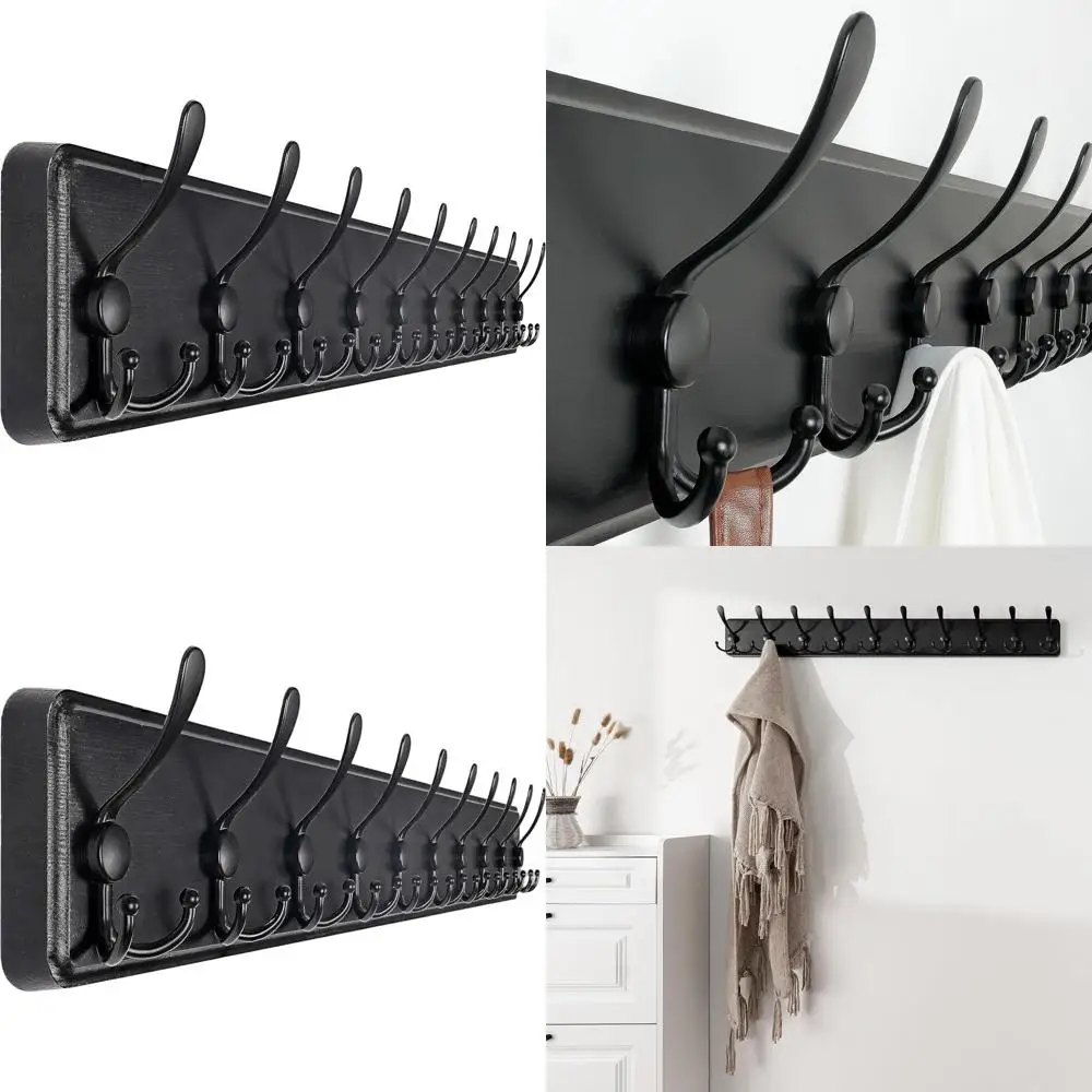 

38.3'' Long Wooden Rustic Wall-Mounted Coat Rack with 10 Triple Hooks for Hanging Clothes, Jackets, Hats (Black)