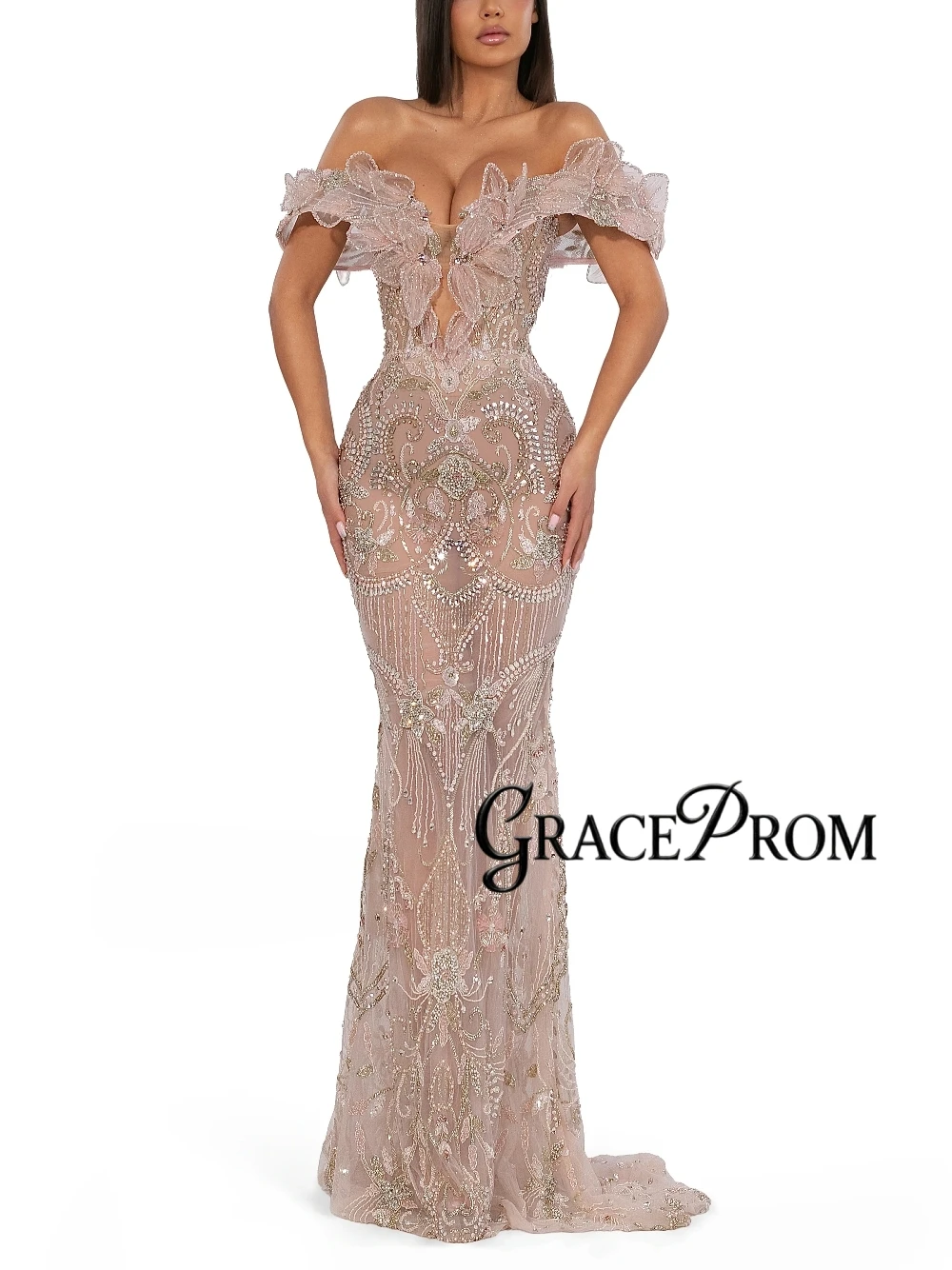 

Opulent Off Shoulder Mermaid Prom Dress Blush Pink 3D Floral Appliques Beaded Sheer Mesh Long Train Evening Gowns Customized