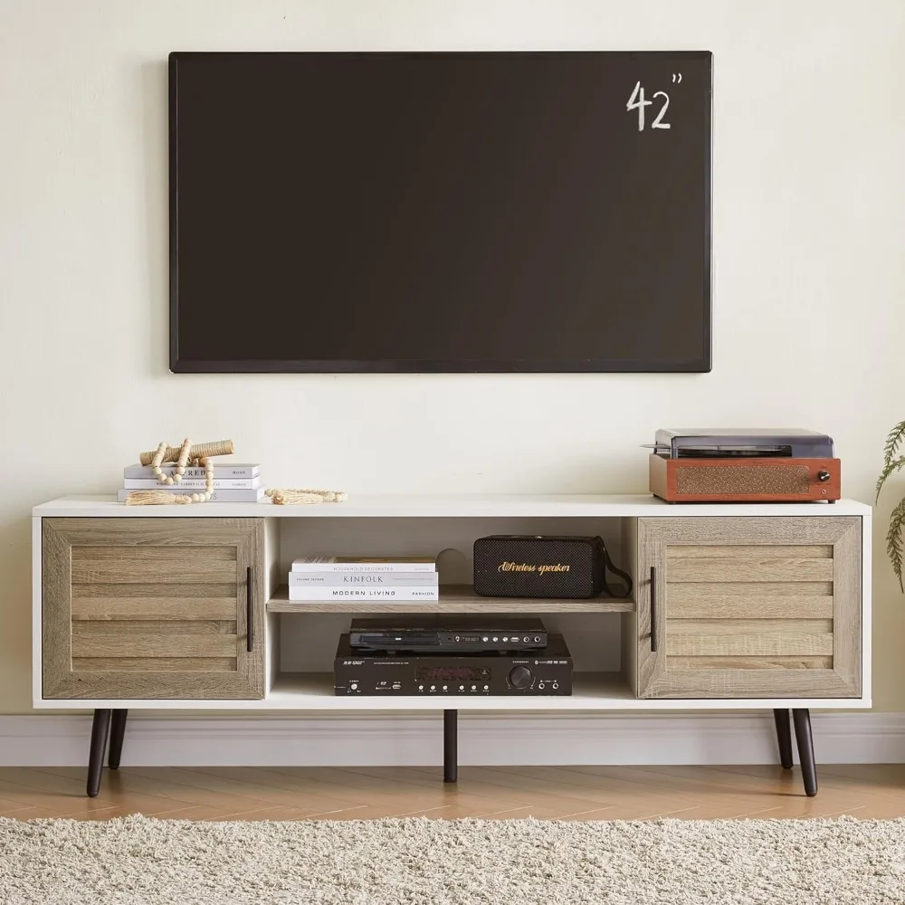 

Mid Century Modern TV Stand for 65" TV, Wood TV Stand with Storage Cabinet and Open Shelf, Entertainment Center, TV Console Tab