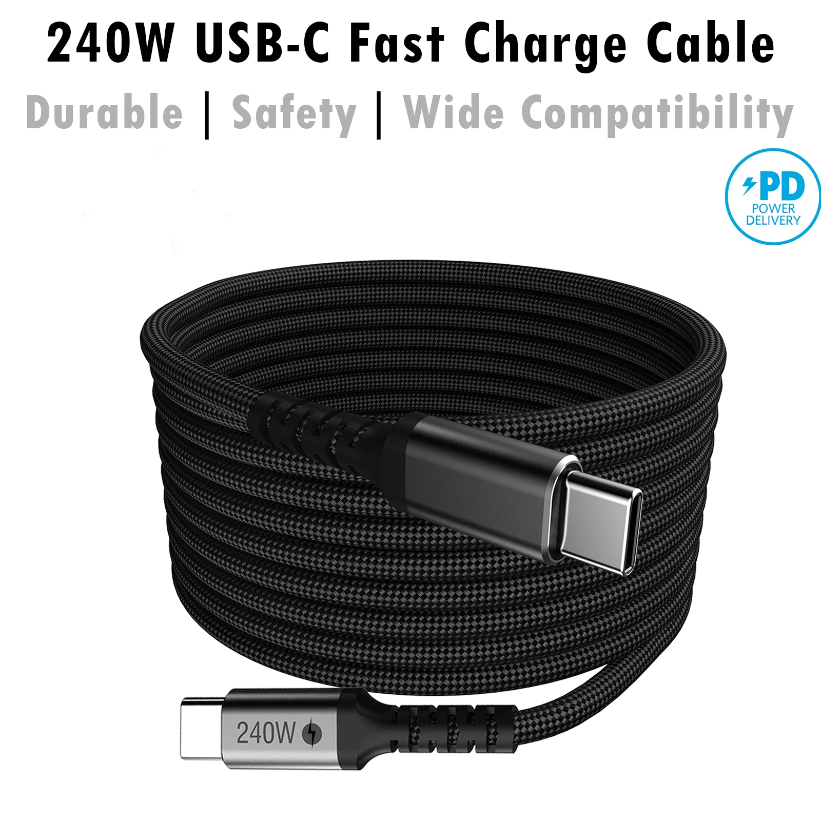 240W USB C -C Black Braided Cable USB C Charger Cord Fast Ch