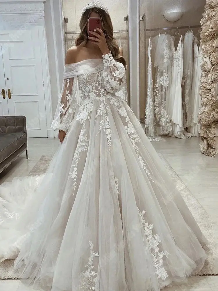 Vestido De novia De tul brillante para mujer, hombros descubiertos, vestido De novia con purpurina, manga larga, línea A, elegante, más nuevo