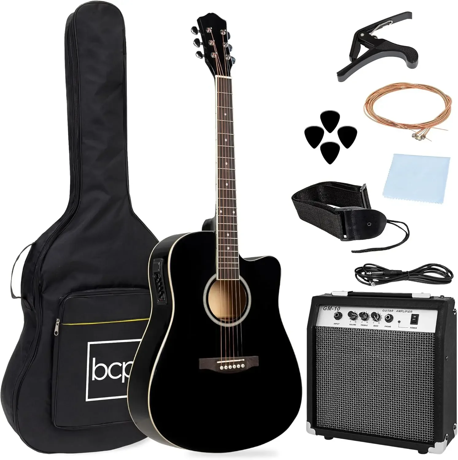 Beginner Acoustic Electric Guitar Starter Set w/ 41in, All Wood Cutaway Design, Case, Strap, Picks - Black