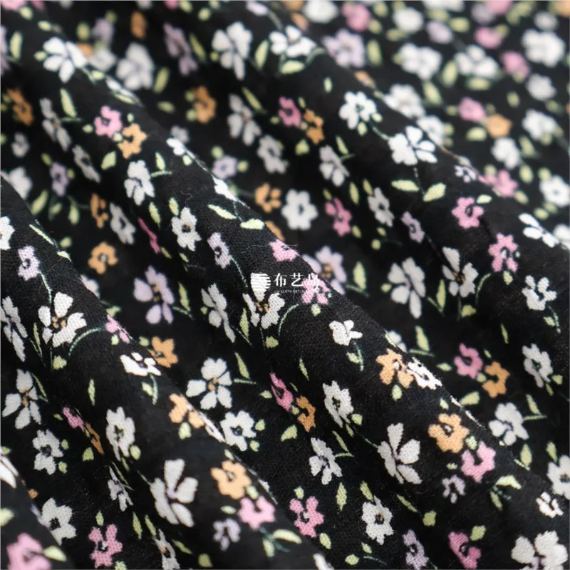 Spring Garden black base small floral cotton linen printed fabric shirt suitable for making clothes and skirts handmade