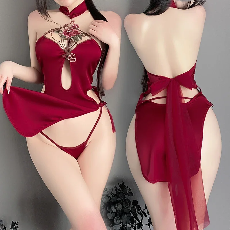 Women'S Cheongsam Uniform High Waist Split Red Backless Halter Neck Desire Hot Girl Erotica Lingerie Adult Fantasy Cosplay Outft