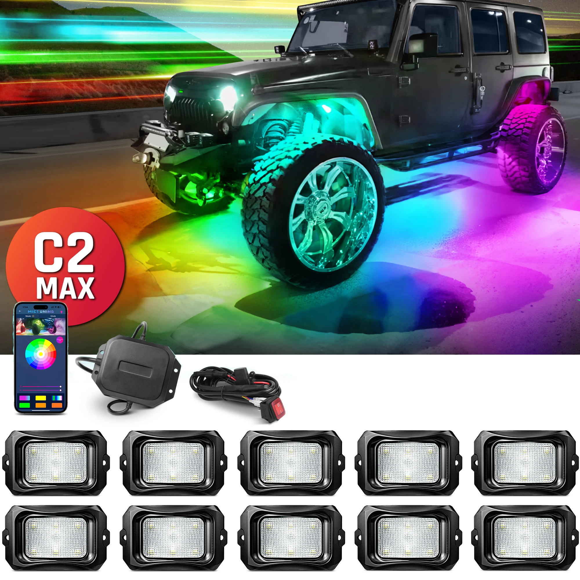 MICTUNING 10 Pods C2 Extensible RGB+IC LED Rock Lights Kit DIY Effect With Wireless Bluetooth APP Control For Truck Motorcycle