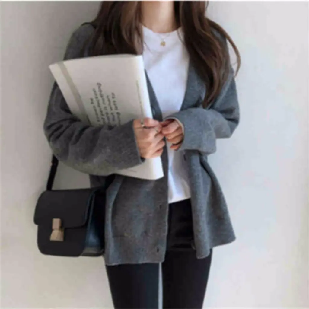 

Autumn Winter Women's Loose Yarn Sweater Cardigan Harajuku Style Short Knitted Jacket Core-Spun Lazy Fashion for Ladies