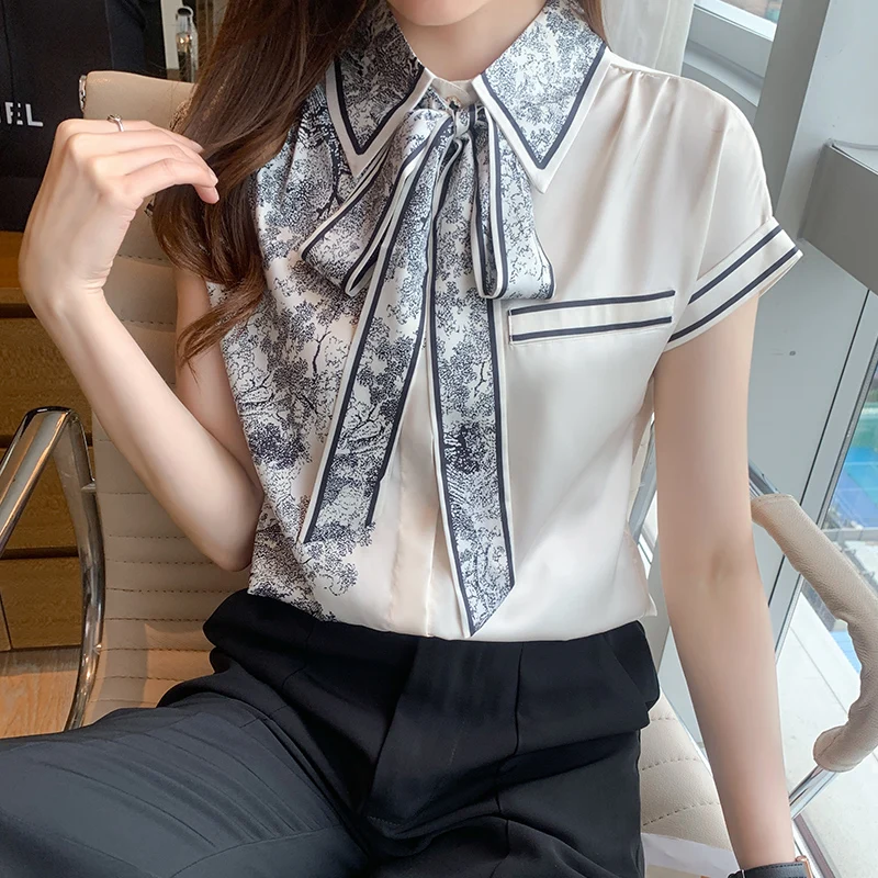 Summer Korean Fashion Women Shirt Bow Short Sleeve Women\'s Clothing Printing Womens Tops Lace Up Blouse Women Satin Silk Blouses