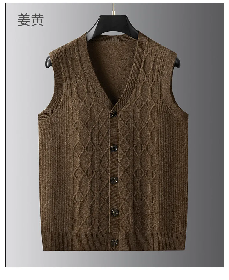 Autumn and winter men's knitted cardigan vest Grandpa sleeveless pure sweater thick needle vest sweater view 5