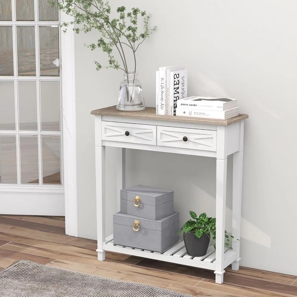

Modern Console End Table with 2 Drawer and Storage Shelf for Entryway Living Room Hallway, White