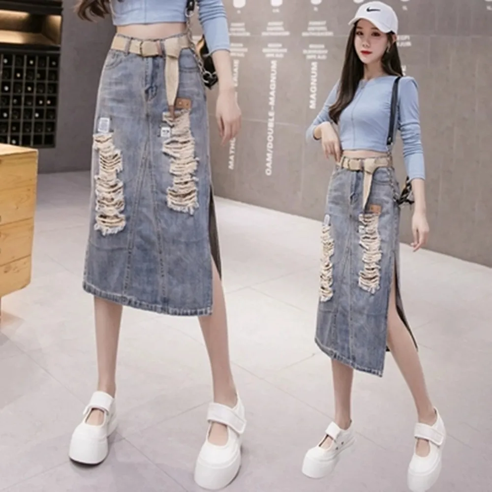 S-2XL Blue Ripped Long Denim Skirt Y2k korean style Loose High Waist A Line Vintage Long Jeans Skirts Style Summer 2024