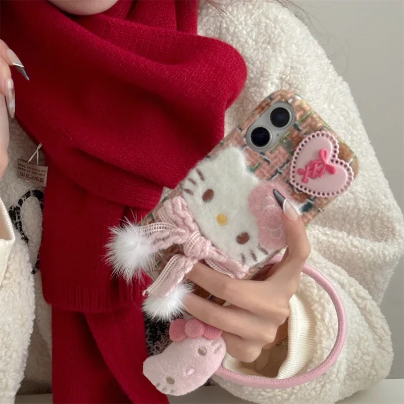 Ins Cute Cartoon Sanrio Hello Kitty Winter Warm Furry Plush Phone Case For iPhone 16 15 14 13  Pro Max Soft Cover With Lanyard