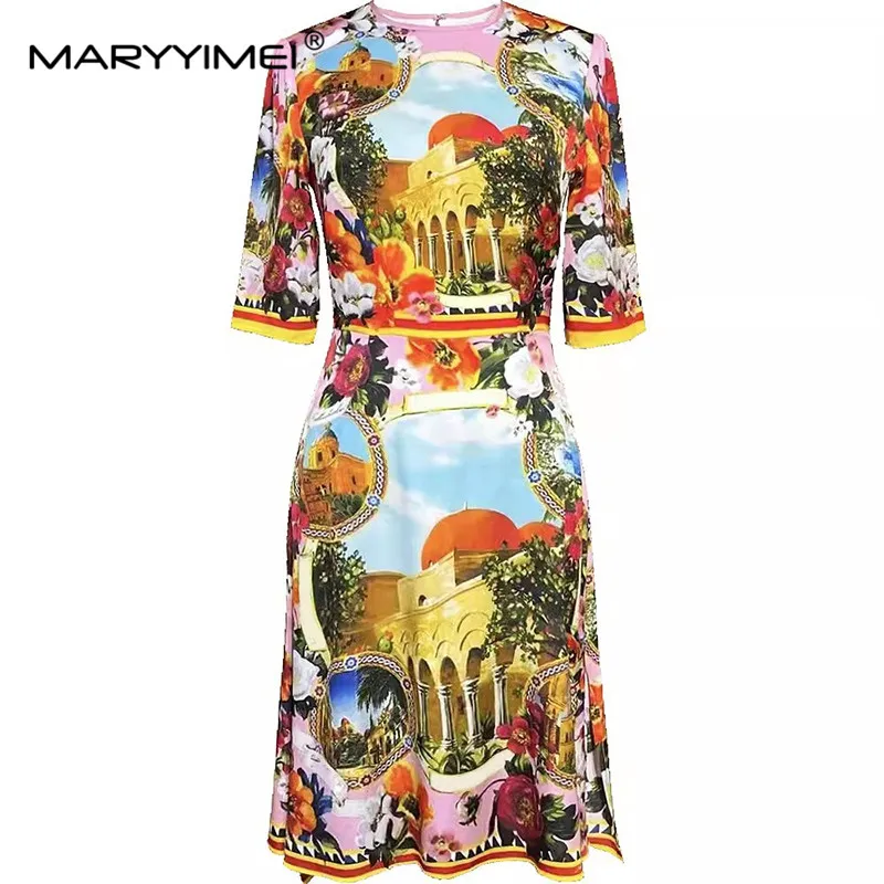 MARYYIMEI Summer Women\'s Dress Fashion Short Sleeve High Waiste Elegant Chic Print Beach Vacation Silk Dresses