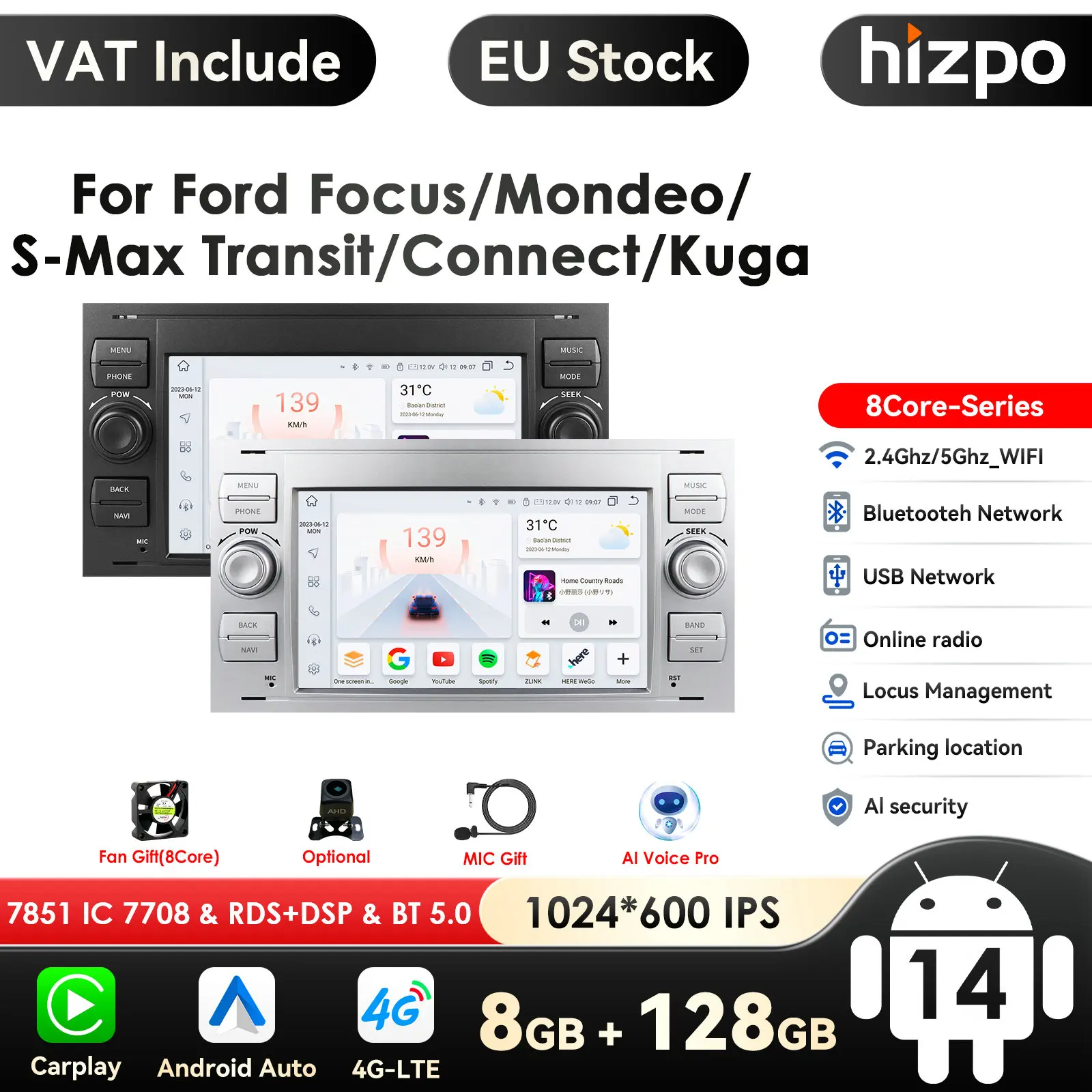 Image of 8G+128G 2din Android 14 Autoradio GPS für Ford Mondeo S-max Focus C-MAX Galaxy Fiesta Transit Fusion Connect Kuga Multimedia Nav