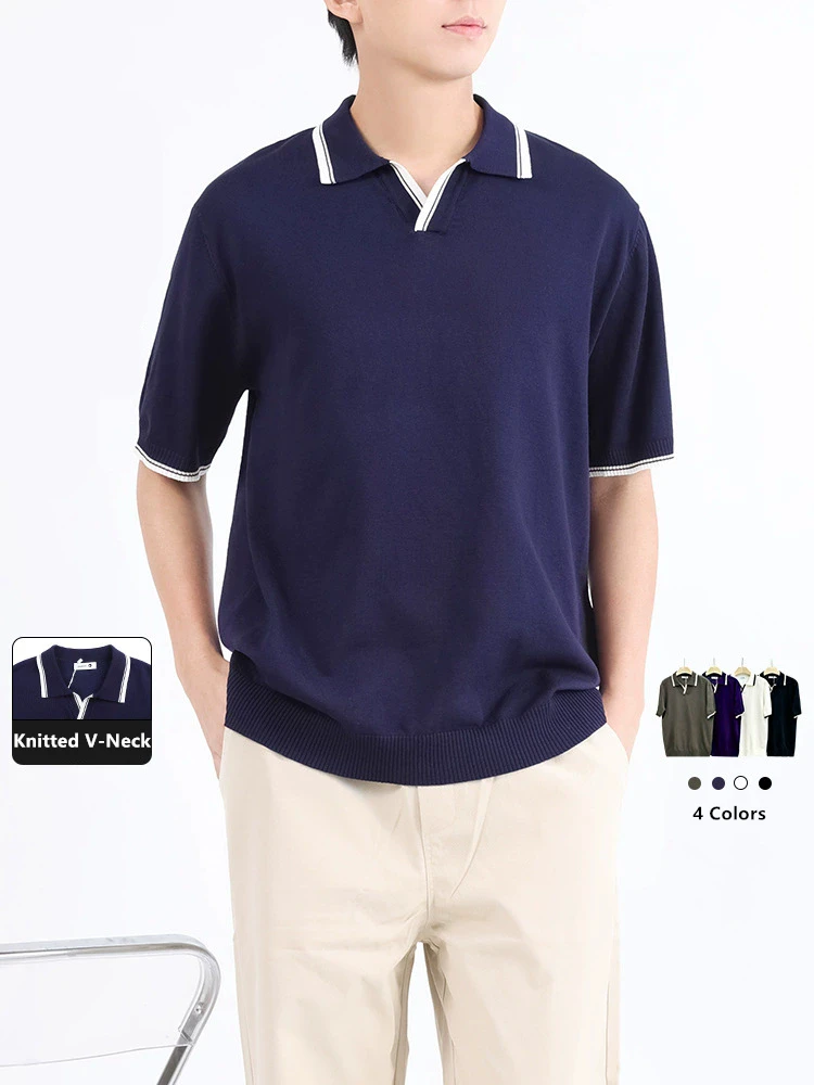 

Viscose Polyester Knitted Polo Shirts For Men Short Sleeve Silky Summer Quality Skin-Friendly Elastic Coolness Camisas De Hombre