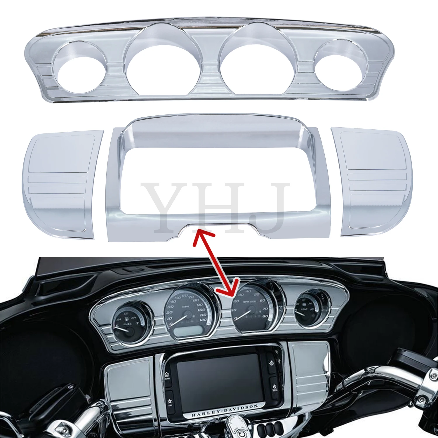 

Внутренний обтекатель мотоцикла, трехлинейный датчик, стерео рамка, акценты, накладки, панель для Harley Electra Street Glide Tri Glide 14-22 Chrome