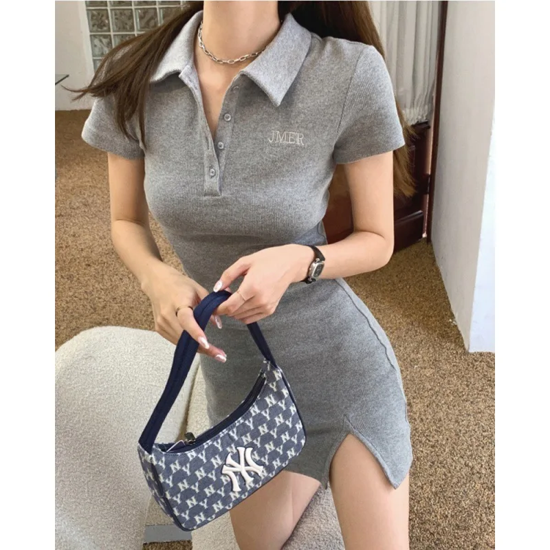 

ZOUXO Dresses Women 2022 Summer Sexy Slit Dress New Fashion High Waist Slim Short Polo Collar Hip Dress