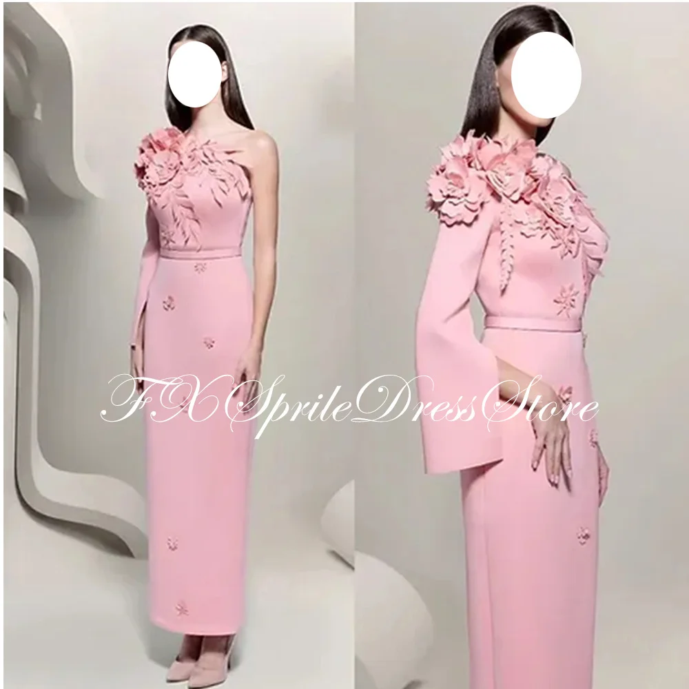 Elegante abito da sera dritto rosa lunghezza tè formale una spalla Jersey maniche lunghe fiori pieghe Arabia saudita donne 2024