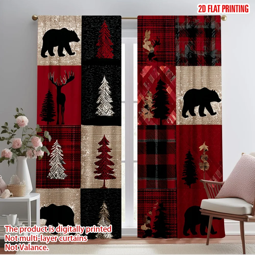 

2pcs,2D plane printing Pattern Curtains Red checkered bear deer forest Polyester Fabric (without rod) Home Decor Perfect for