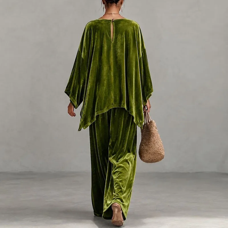 Damen Samt Zweiteiler Outfit mit Rundhalsausschnitt, Fledermausärmeln, lockerer Bluse und weiter Hose, Boho Casual Urlaubs-Matching-Set