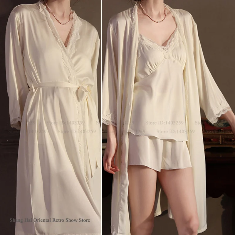 

Sexy Female 3PCS Robe Pajamas Set Sleepwear Silky Satin Bathrobe Pijamas Suit Spring Summer New Nightwear Lingerie Loose Pyjama