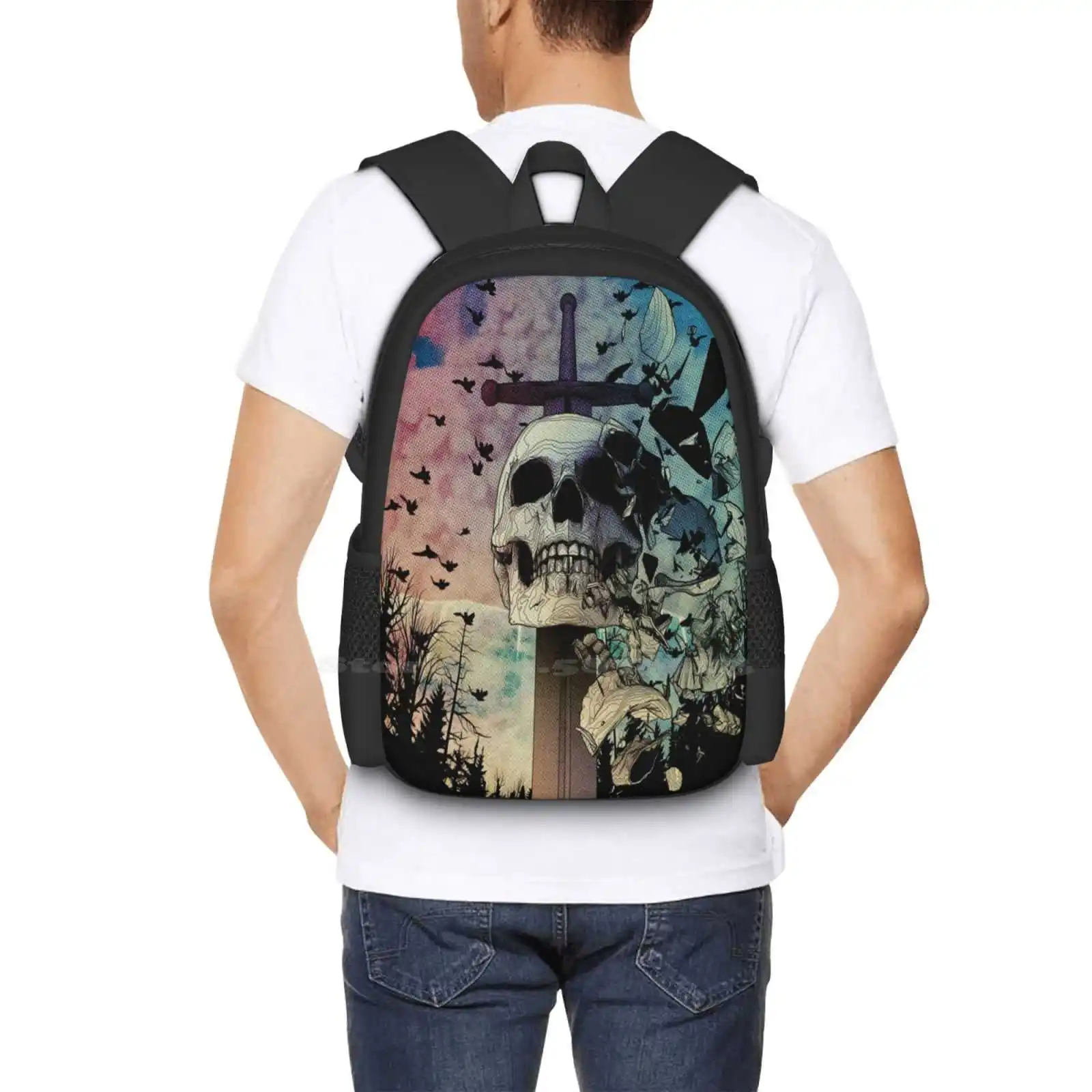 تخفيضات الخوف أعمق من السيوف تصميم طباعة ثلاثية الأبعاد على ظهره حقيبة الطالب Falcaolucas Skull Sword