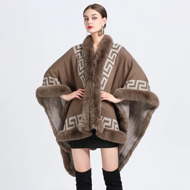 Women Rex Rabbit Faux Fur Shawl Lady Cashmere Feel Mantle Fall Winter Elegant Wrap Luxury Warm Overcoat Classic Vintage Cloak