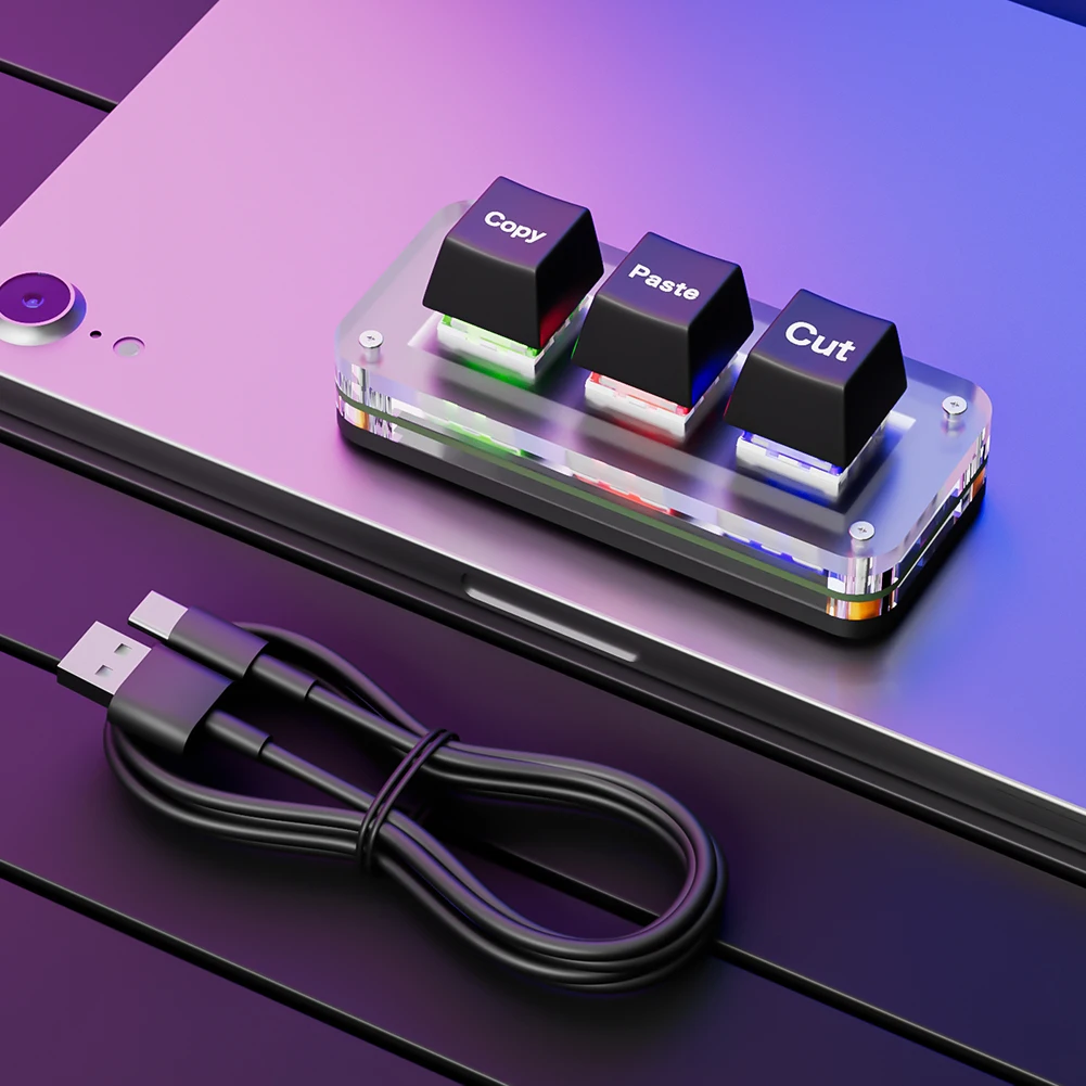 RGB Mini Cut Copy Paste Keyboard 3-Key Ctrl X C V Shortcut One Handed Keyboard USB Type-C Macro Keypad for Working and Gaming