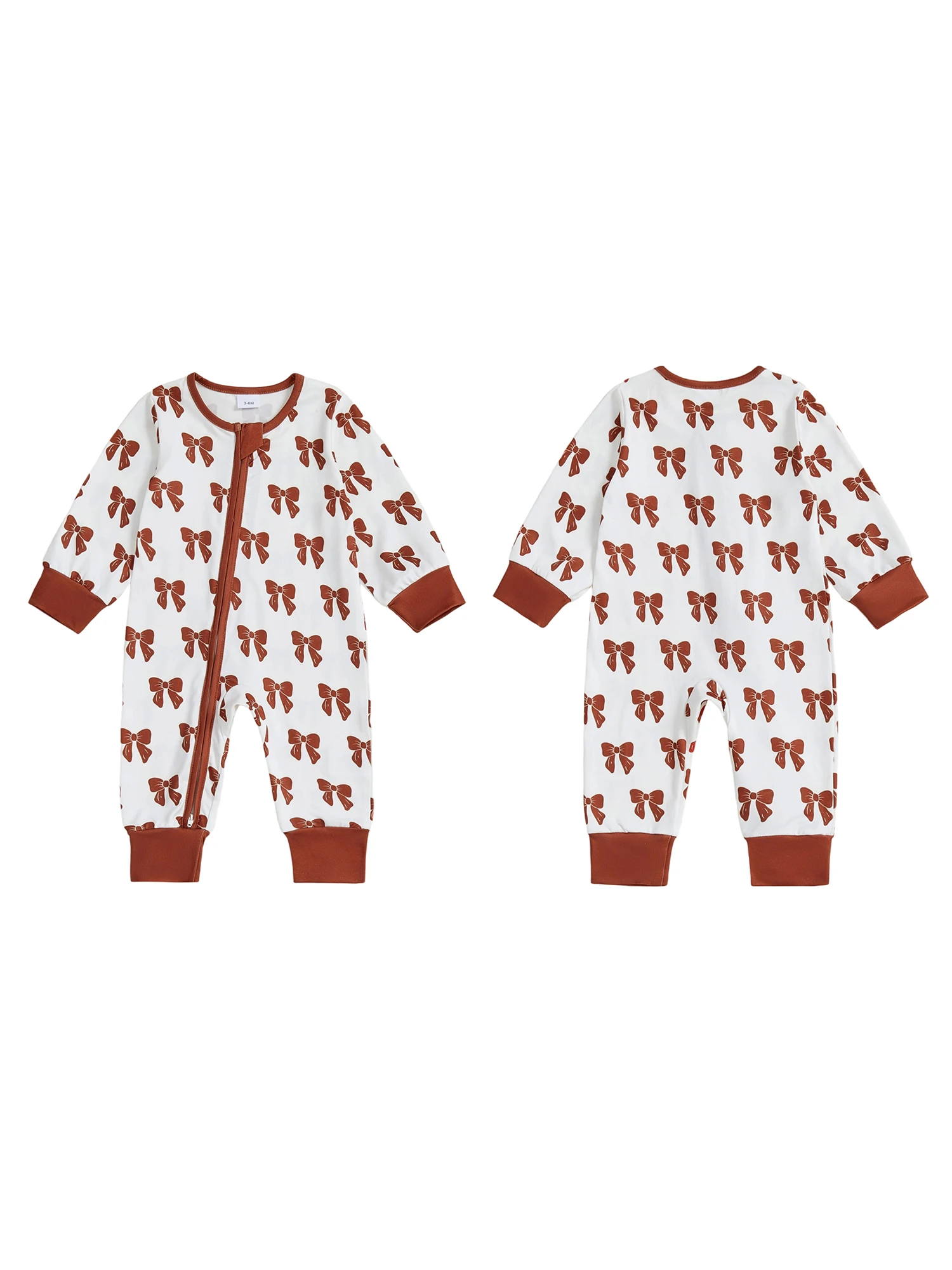 

Baby Girl Autumn Oblique Zipper Romper Long Sleeve Round Neck Bow Print Jumpsuit