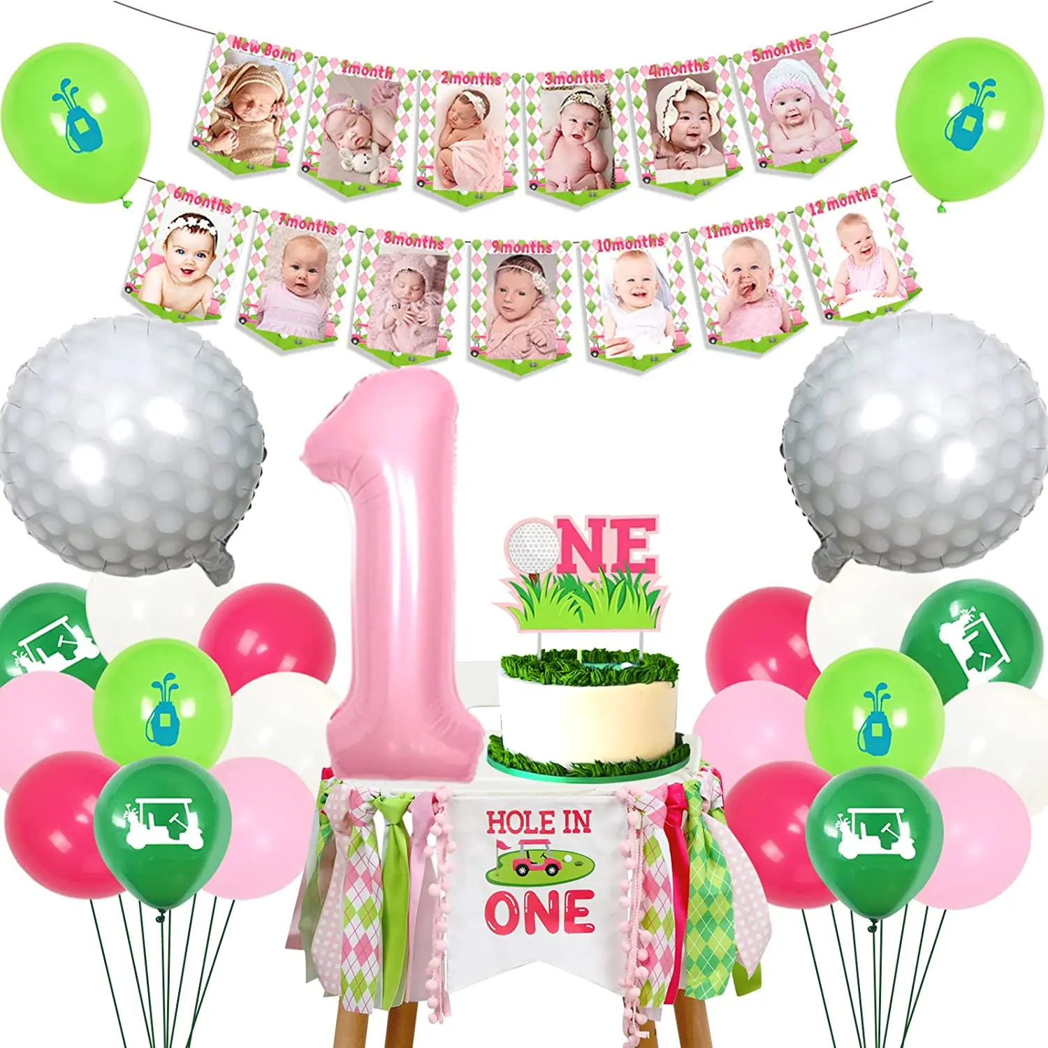 

Hole in One Birthday Party Decorations for Girls, Golf Sports, 1st Birthday Party Supplies, High Chair Photo Banner, Pink Green