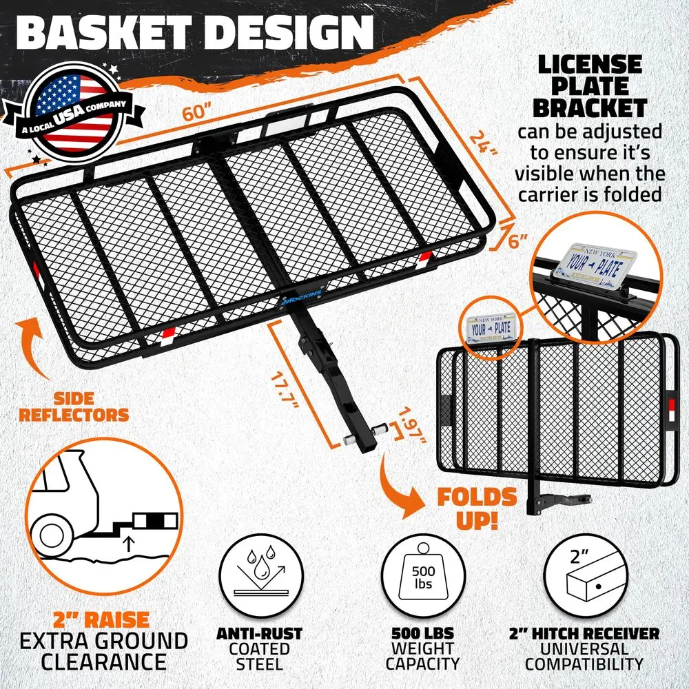 

60x24x6 Folding Trailer Hitch Cargo Carrier w 25 Cu Ft Waterproof Cargo Bag for Hitch Carrier Heavy Duty 500 lbs Steel Luggage