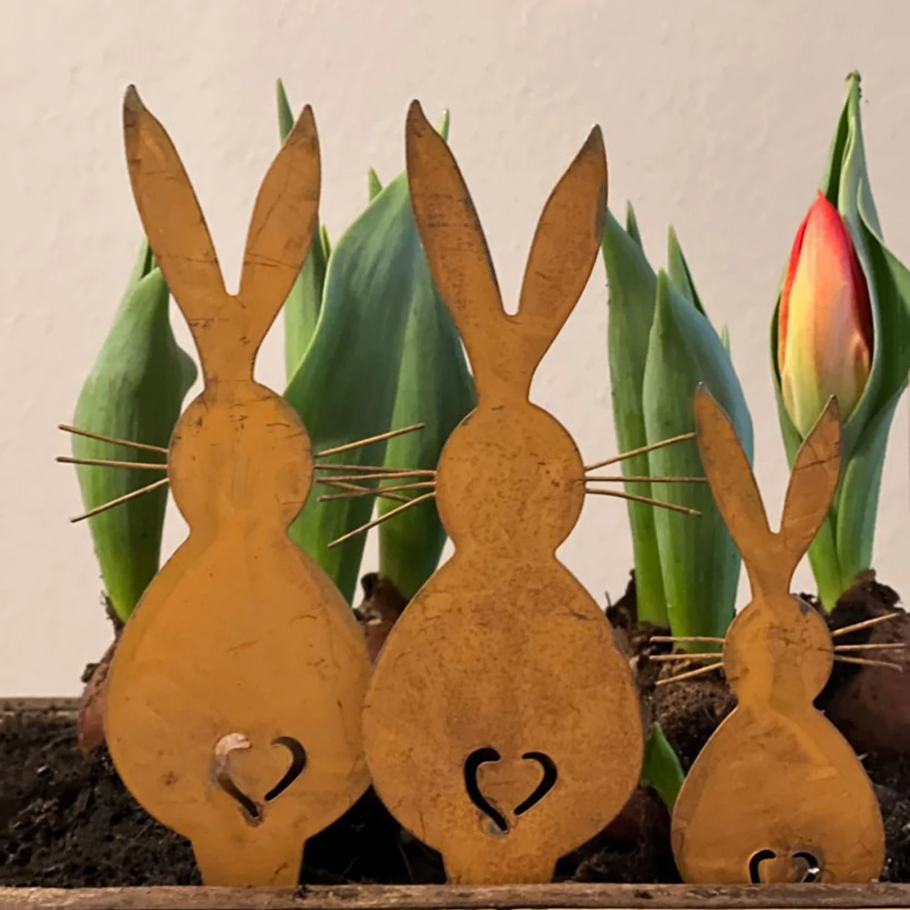 

3 Pcs Rabbit Garden Stakes Iron Yard Sign Waterproof Durable Metal Bunny Lawn Decor Outdoor Ornaments Easter Charm