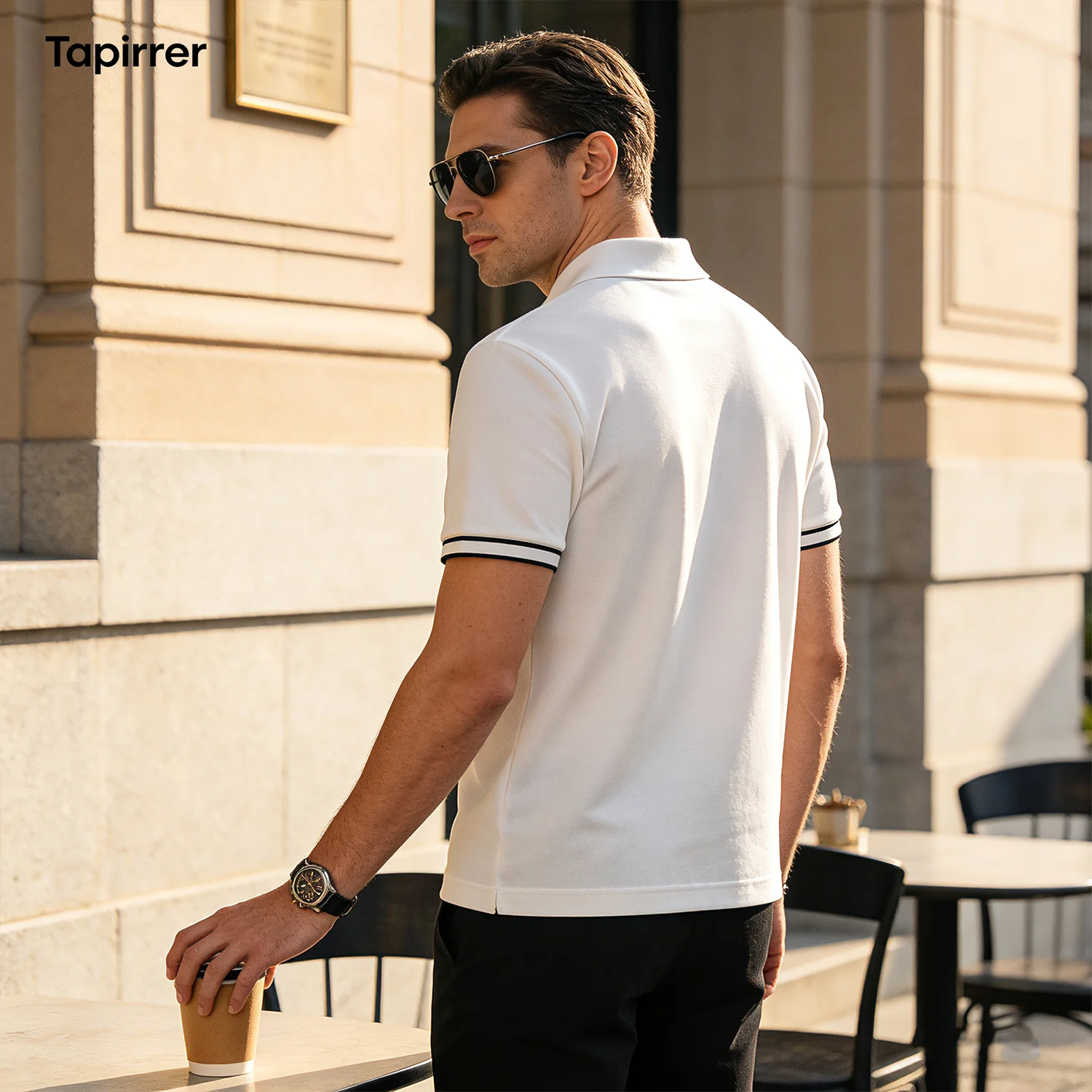 Tapirrer Wool Blend Half-Zip Polo Shirt for Men with Contrasting Trim and Small Logo Embroidery