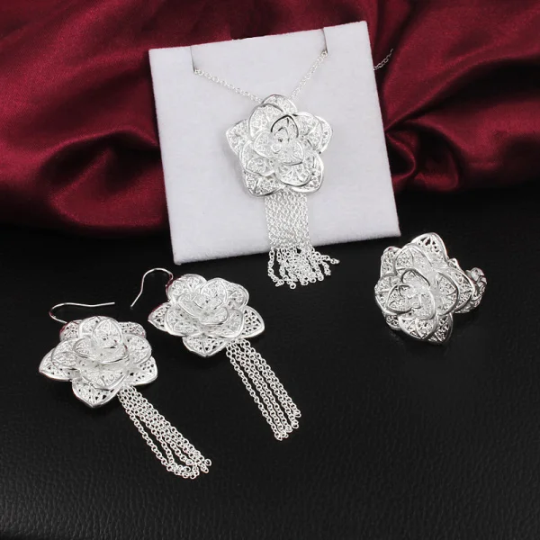 Hot charm women 925 sterling silver Jewelry sets fine flower earrings necklace rings 18 inch Fashion Party wedding girl Gift