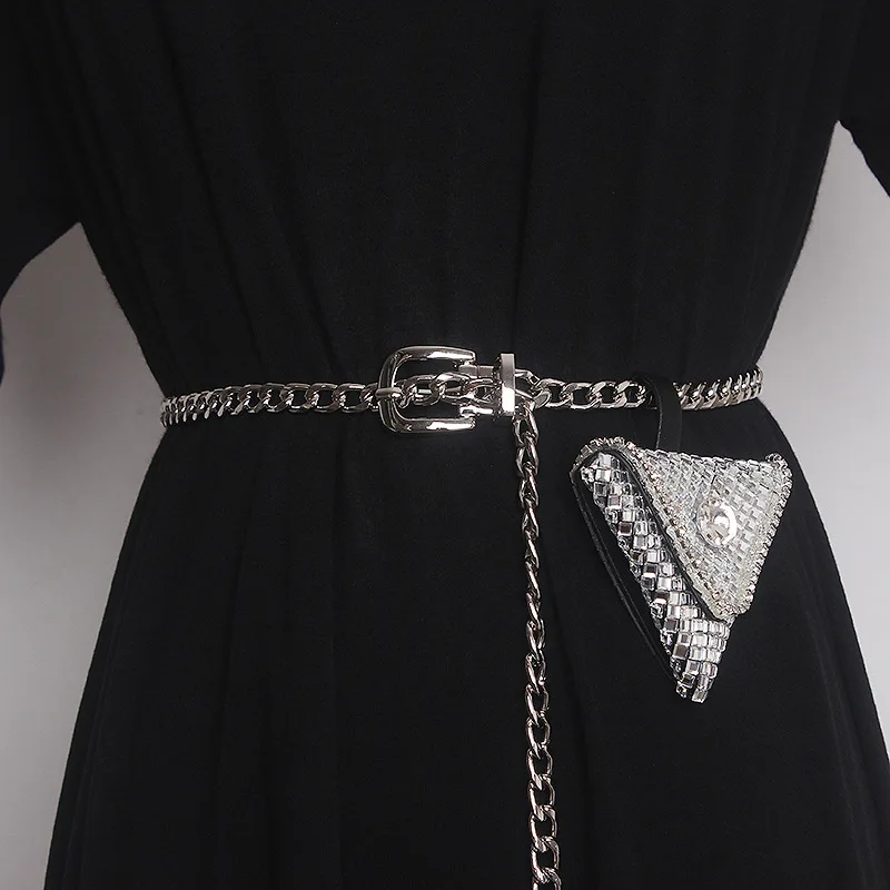 2026 Ladies Metal Silvery Waist Chain Pocket Woman Waist Chain Dress Pants Small Diamond Bag Decoration Belts for Women Luxury