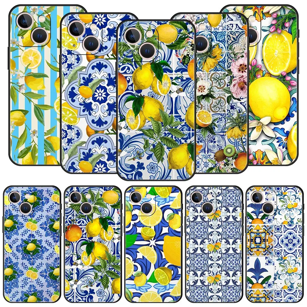 Mediterranean Lemon For iPhone 11 12 13 15 14 Pro Max Phone Case X XR XS 7 8 Plus SE 2020 Luxury Black Silicone Cover Funda