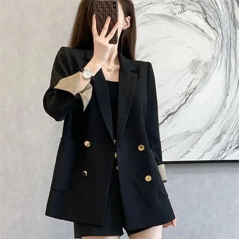 Beige Black Suit Casual Jacket Women Blazer Tops 2024 New Spring Autumn Korean Version Double-Breasted Suit Coat Casaco Feminino